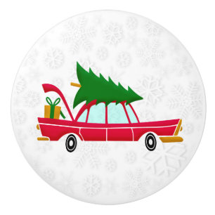 Retro Red Car Carrying a Christmas Tree Ceramic Knob