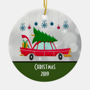Retro Red Car Carrying a Christmas Tree Ceramic Ornament