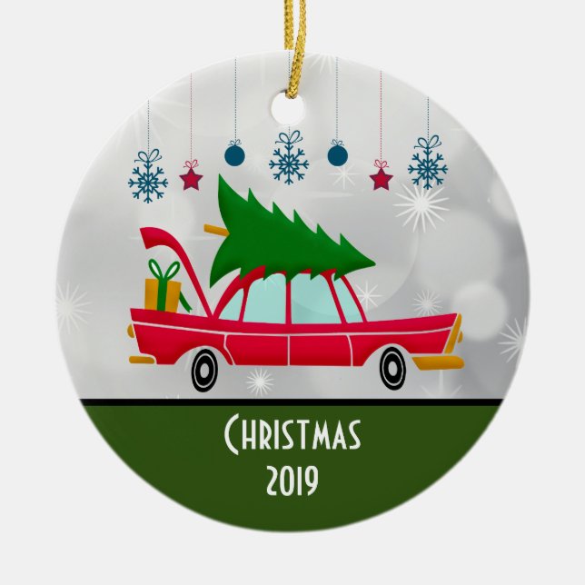 Retro Red Car Carrying a Christmas Tree Ceramic Ornament (Front)