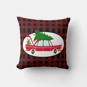 Retro Red Car Carrying a Christmas Tree Cushion