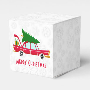 Retro Red Car Carrying a Christmas Tree Favour Box