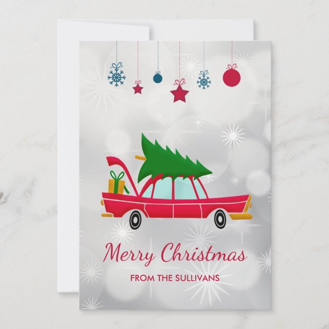 Retro Red Car Carrying a Christmas Tree Holiday Card (Front)