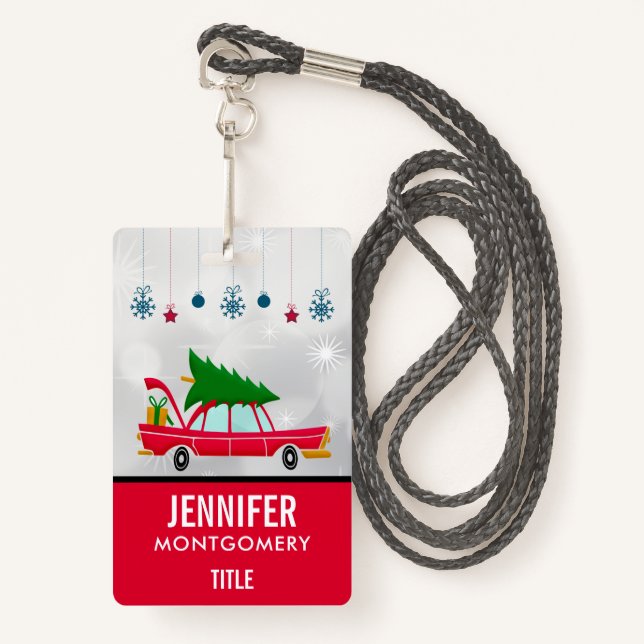 Retro Red Car Carrying a Christmas Tree ID Badge (Front with Lanyard)