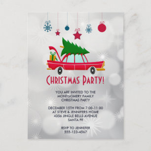 Retro Red Car Carrying a Christmas Tree Invite Postcard