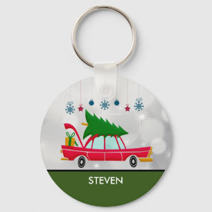 Retro Red Car Carrying a Christmas Tree Key Ring