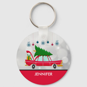 Retro Red Car Carrying a Christmas Tree Key Ring