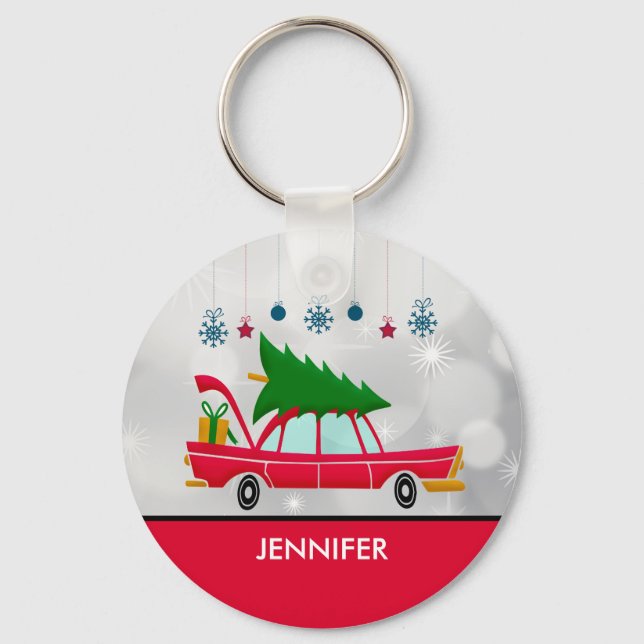 Retro Red Car Carrying a Christmas Tree Key Ring (Front)