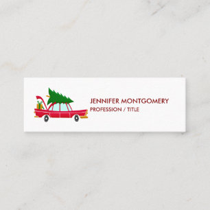 Retro Red Car Carrying a Christmas Tree Mini Business Card