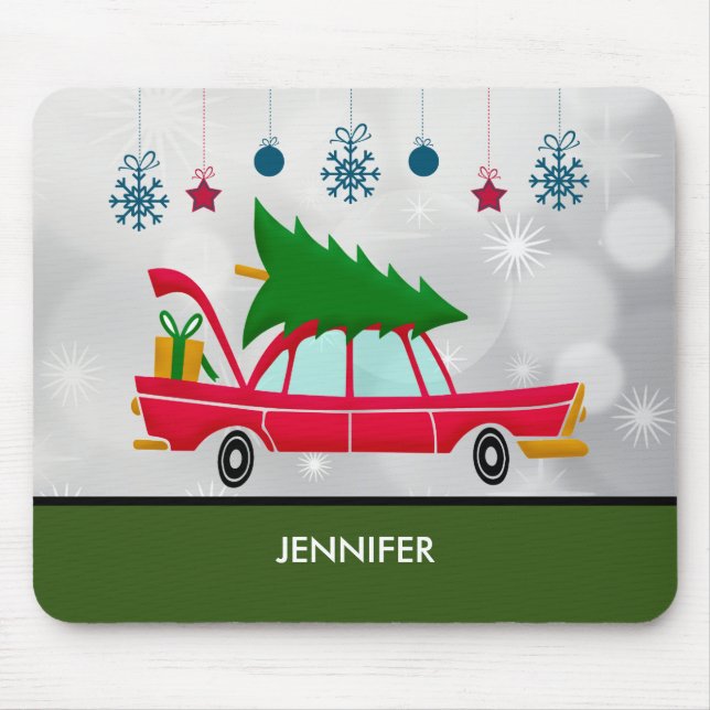 Retro Red Car Carrying a Christmas Tree Mouse Pad (Front)