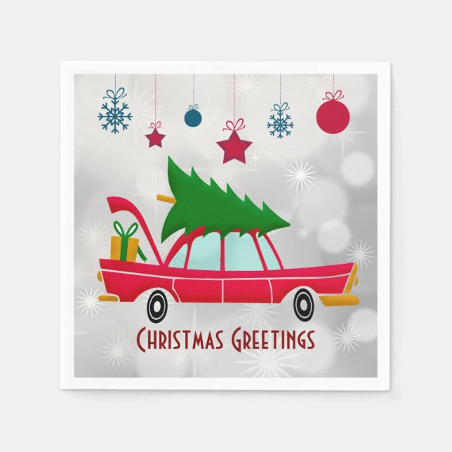 Retro Red Car Carrying a Christmas Tree Napkin (Front)