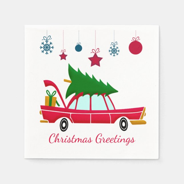 Retro Red Car Carrying a Christmas Tree Napkin (Front)