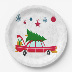 Retro Red Car Carrying a Christmas Tree Paper Plate