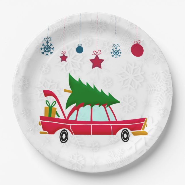 Retro Red Car Carrying a Christmas Tree Paper Plate (Front)