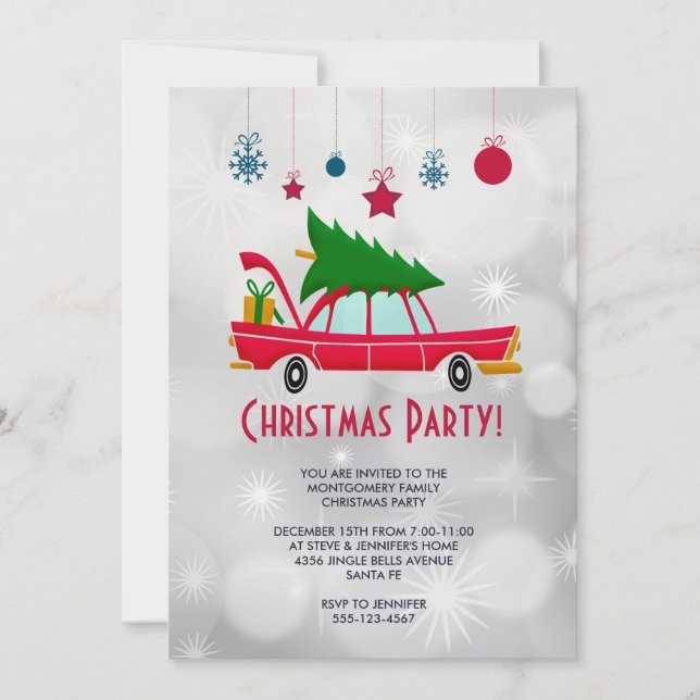 Retro Red Car Carrying a Christmas Tree Party Invitation (Front)