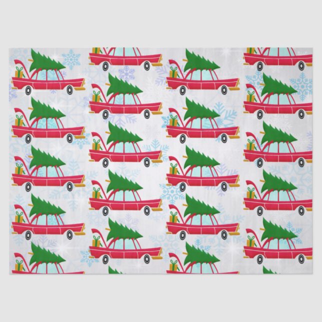 Retro Red Car Carrying a Christmas Tree Pattern Tissue Paper (Front)