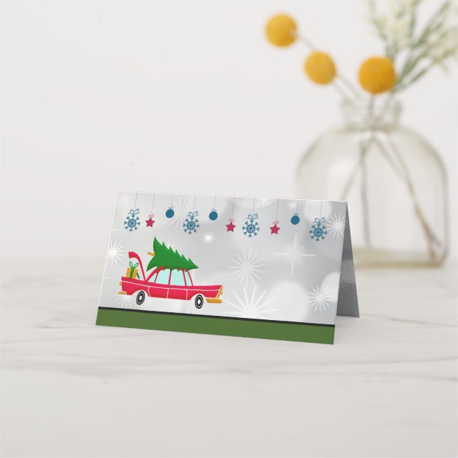 Retro Red Car Carrying a Christmas Tree Place Card (Front)