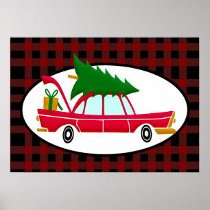 Retro Red Car Carrying a Christmas Tree Poster