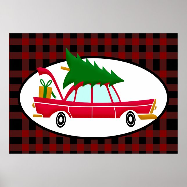 Retro Red Car Carrying a Christmas Tree Poster (Front)