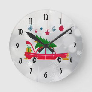 Retro Red Car Carrying a Christmas Tree Round Clock