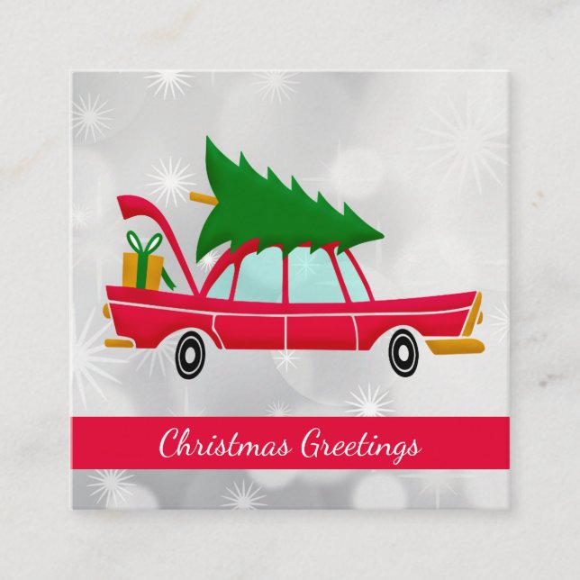 Retro Red Car Carrying a Christmas Tree Square Business Card (Front)
