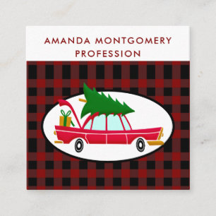 Retro Red Car Carrying a Christmas Tree Square Business Card