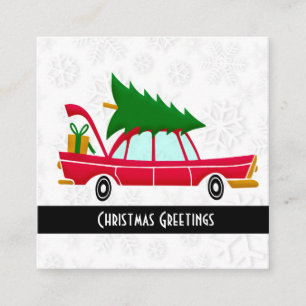 Retro Red Car Carrying a Christmas Tree Square Business Card