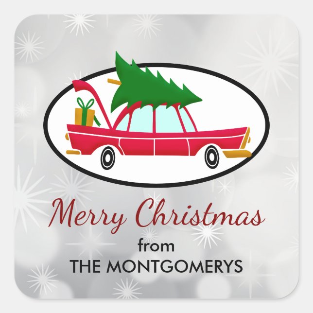 Retro Red Car Carrying a Christmas Tree Square Sticker (Front)