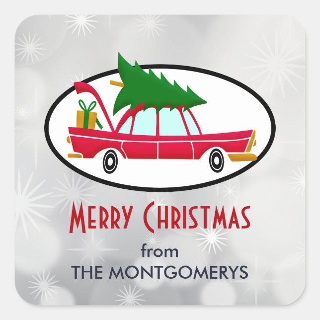 Retro Red Car Carrying a Christmas Tree Square Sticker (Front)