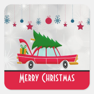 Retro Red Car Carrying a Christmas Tree Square Sticker
