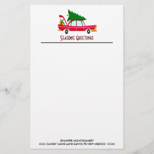 Retro Red Car Carrying a Christmas Tree Stationery