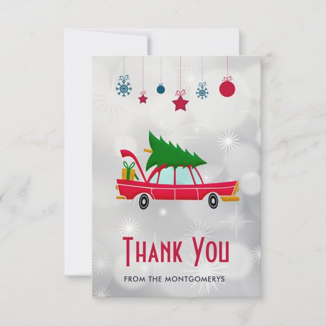 Retro Red Car Carrying a Christmas Tree Thank You (Front)