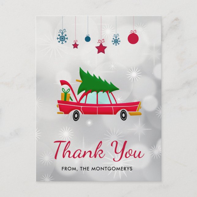 Retro Red Car Carrying a Christmas Tree Thank You Postcard (Front)