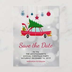 Retro Red Car & Christmas Tree Save the Date Postcard