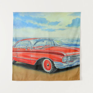 Retro red car, seaside painting. tapestry