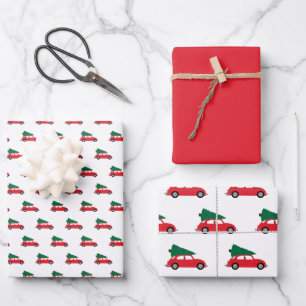 Retro Red Car With Christmas Tree on Roof Wrapping Paper Sheet