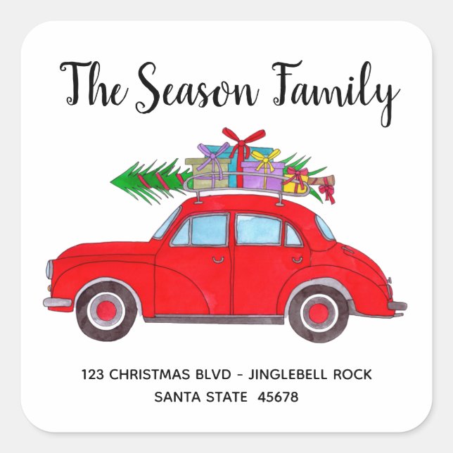 Retro Red Car with Christmas tree Square Sticker (Front)