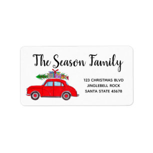 Retro Red Car with Christmas tree Watercolor Label