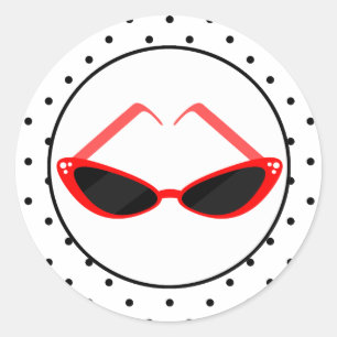 Retro Red Cat Eye Sunglasses & Black Polka Dots Classic Round Sticker