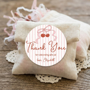 Retro Red Cherries with Pink Bow Script Thank You Classic Round Sticker