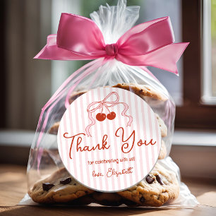 Retro Red Cherries with Pink Bow Script Thank You Classic Round Sticker
