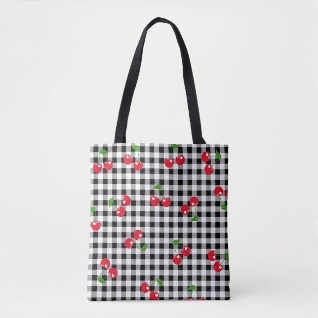 Retro Red Cherry Black White Buffalo Plaid Gingham Tote Bag (Front)