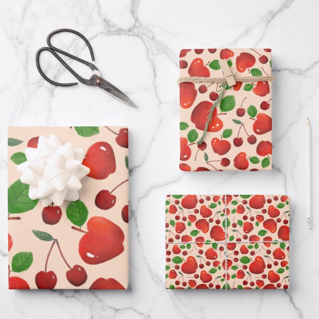 Retro Red Cherry Fruit Orchard Pattern Flat Wrapping Paper Sheet (Front)