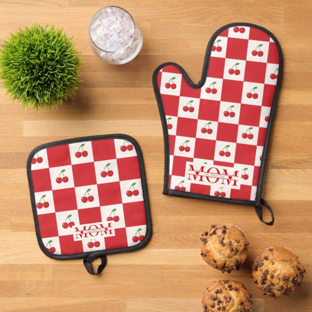 Retro Red Cherry & Gingham Chequered Custom Mum Oven Mitt & Pot Holder Set (Top Down)