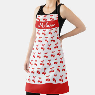 Retro Red Cherry Pattern White Personalised Apron