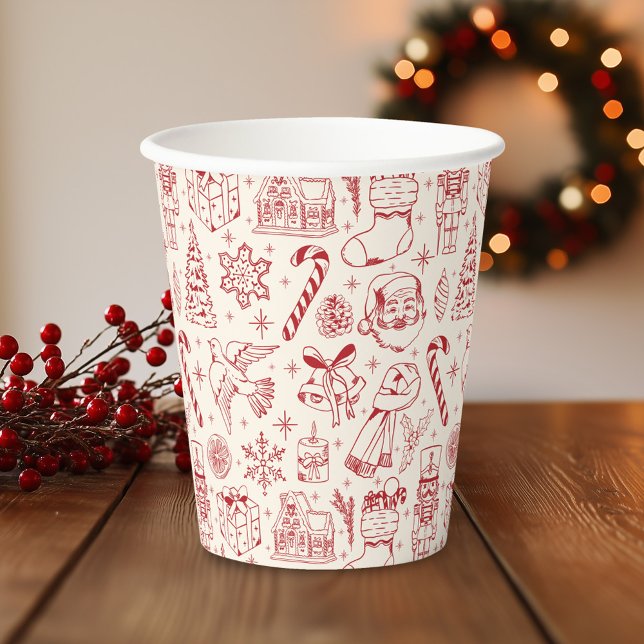 Retro Red Christmas Doodle Paper Cups (Creator Uploaded)