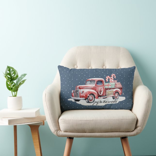 Retro Red Christmas Truck In Snow Lumbar Cushion (Chair)