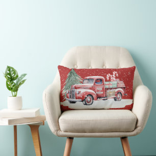 Retro Red Christmas Truck Lumbar Cushion