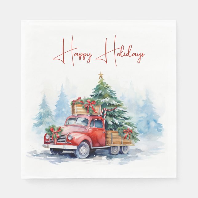 Retro Red Christmas Truck Napkin (Front)