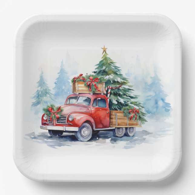 Retro Red Christmas Truck Paper Plate (Front)