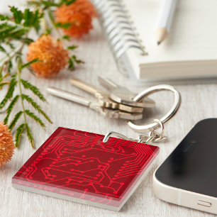 Retro Red Circuit Board Tech Pattern Key Ring